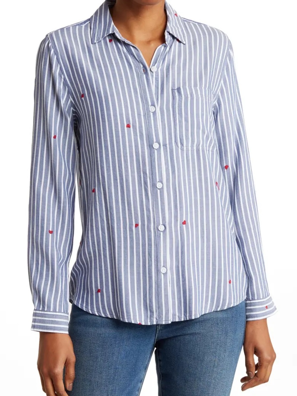 Striped Button-Front Shirt with strawberry Embroidery - Blue